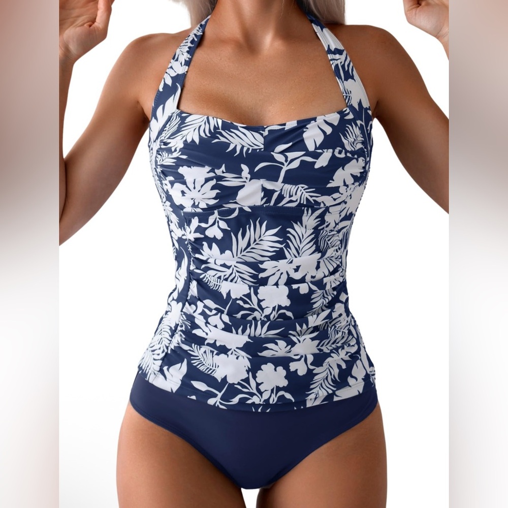 Elegant Navy and White Floral Swimsuit